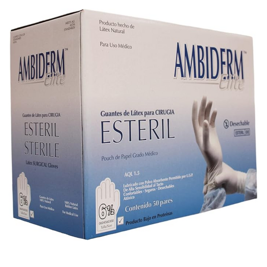 GUANTE DE LATEX PARA CIRUGIA #6. AMBIDERM. CONTIENE 50 PARES