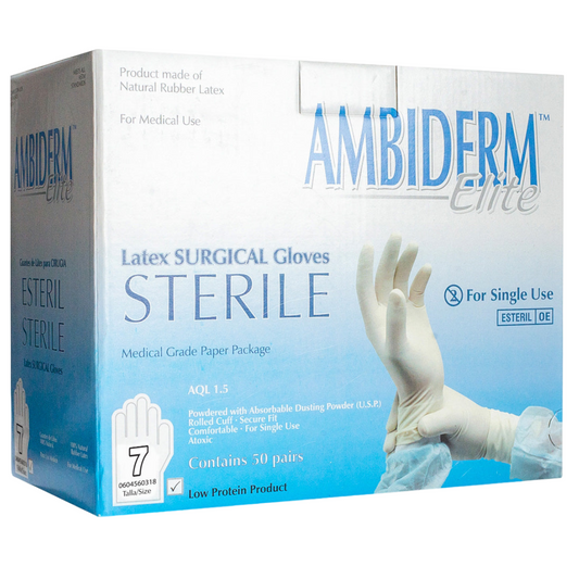 GUANTE DE LATEX PARA CIRUGIA #7. AMBIDERM. CONTIENE 50 PARES