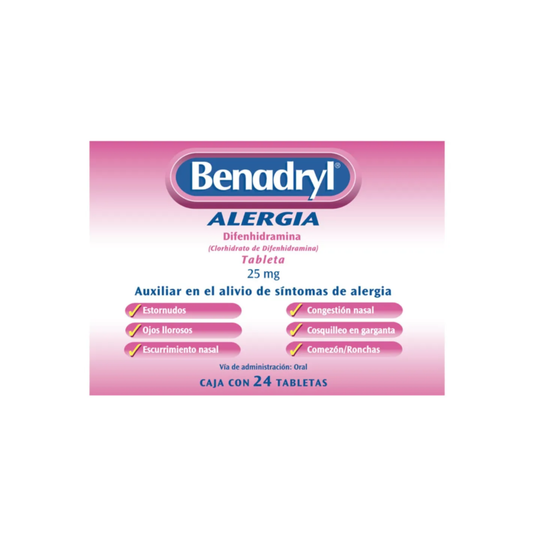 BENADRYL. DIFENHIDRAMINA 25 MG. CAJA CON 24 TABLETAS