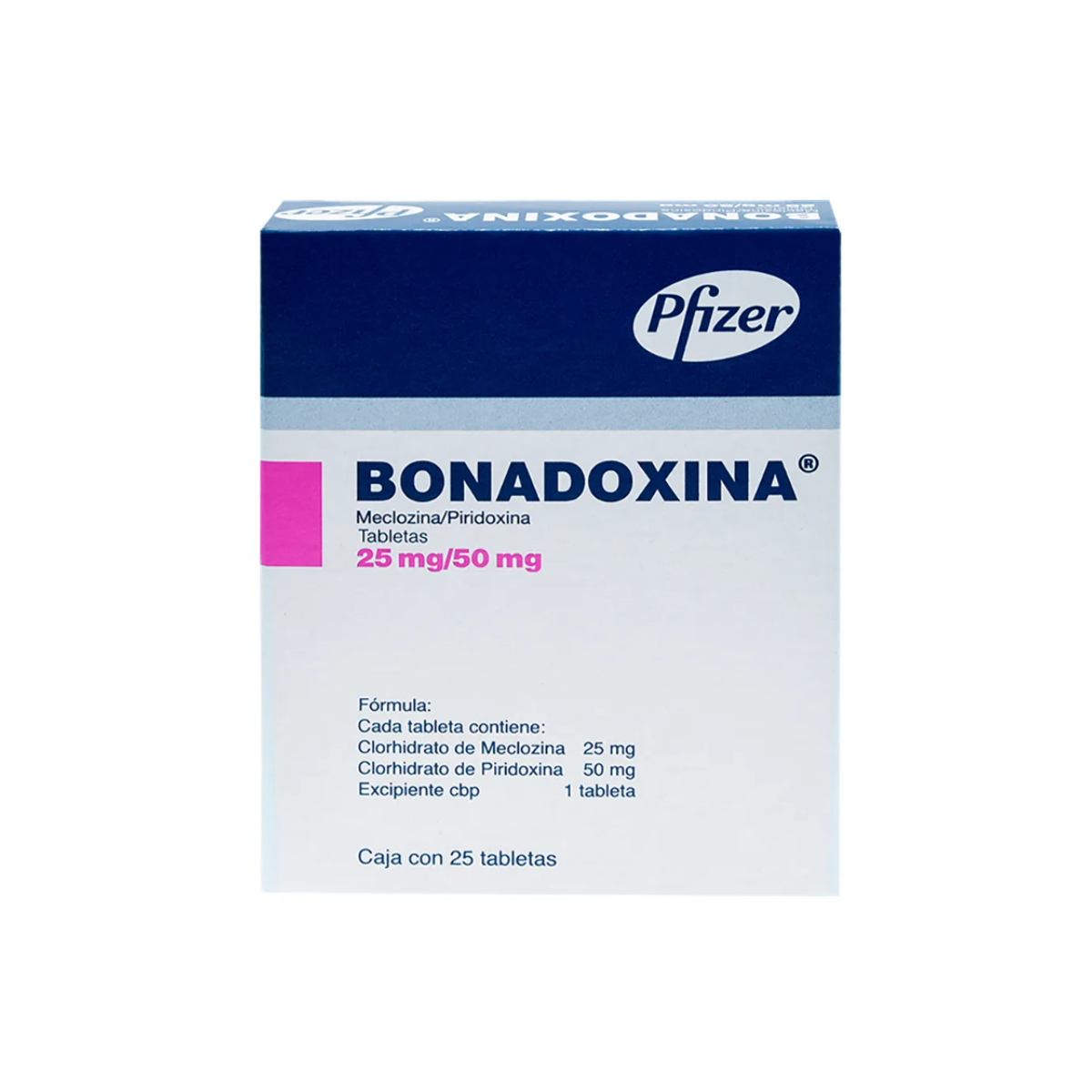 BONADOXINA. MECLOZINA 25 MG/PRIDOXINA 50 MG. CAJA CON 25 TABLETAS