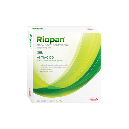 RIOPAN. MAGALDRATO 80 MG/DIMETICONA 10 MG/1 ML. GEL. CAJA CON 20 SOBRES DE 10 ML