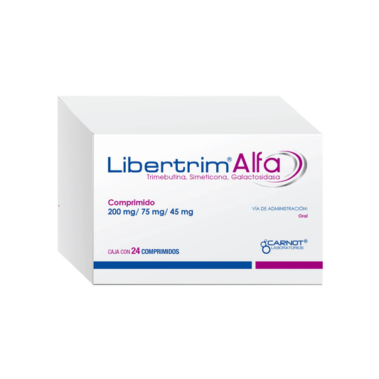 LIBERTRIM ALFA. TRIMEBUTINA 200 MG/SIMETICONA 75 MG/GALACTOSIDASA 45 MG. CAJA CON 24 COMPRIMIDOS