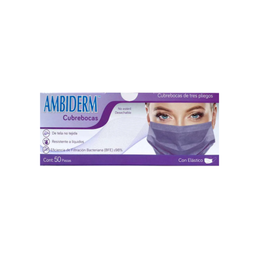 CUBREBOCAS DE TRES PLIEGUES CON ELASTICO VIOLETA CON 50 PIEZAS. AMBIDERM