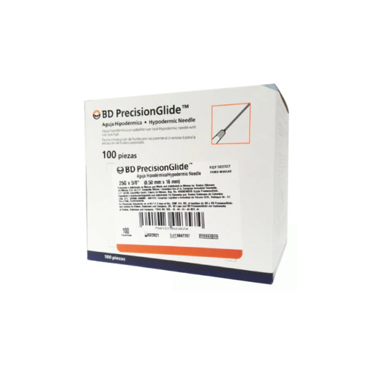 AGUJA HIPODERMICA DE INSULINA. COLOR NARANJA 25GX16. CAJA CON 100 PIEZAS. (BD)