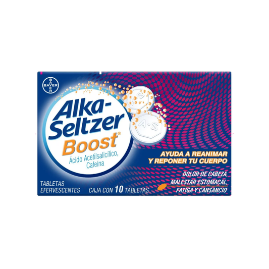 ALKA-SELTZER BOOST. ÁCIDO ACELTILSALICÍLICO, CAFEÍNA. TABLETAS EFERVESCENTES. CAJA CON 10 TABLETAS