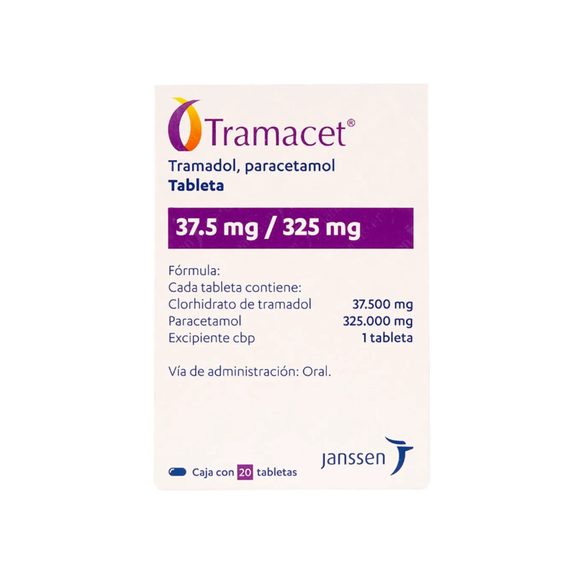 TRAMACET. TRAMADOL 37.5 MG/ PARACETAMOL 325 MG. CAJA CON 20 TABLETAS