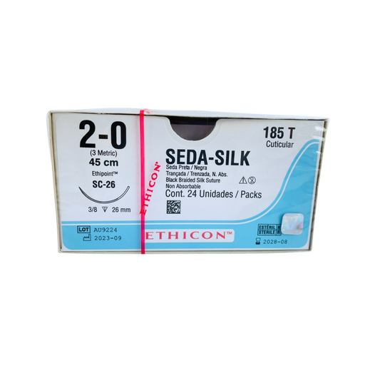 CAJA SEDA 2-0 SC-26 ETHICON (AGUJA CORTANTE 26MM-45CM 3/8) . CAJA CON 24 UNIDADES.