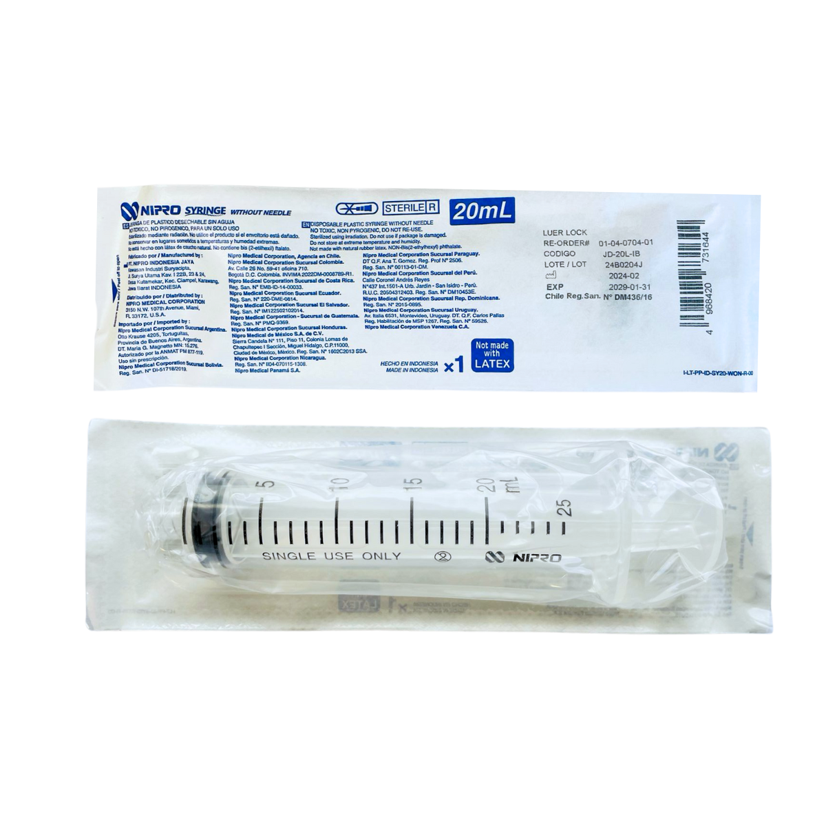 JERINGA NIPRO DE 20 ML SIN AGUJA / CONTIENE 50 PIEZAS