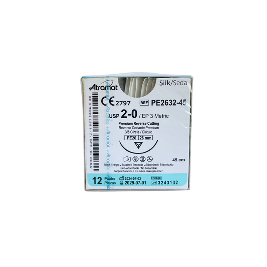 SEDA 2-0 PE26 ATRAMAT AGUJA CORTANTE 26MM-45CM 3/8). CAJA DE 12 PIEZAS.