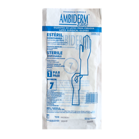 GUANTE DE LATEX PARA CIRUGIA #7. AMBIDERM. CONTIENE 50 PARES
