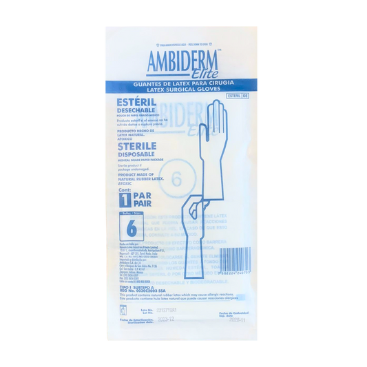 GUANTE DE LATEX PARA CIRUGIA #6. AMBIDERM. CONTIENE 50 PARES