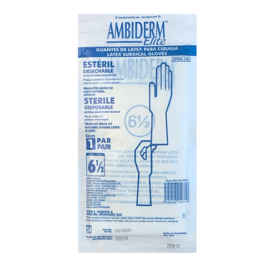 GUANTE DE LATEX PARA CIRUGIA #6.5. AMBIDERM. CONTIENE 50 PARES