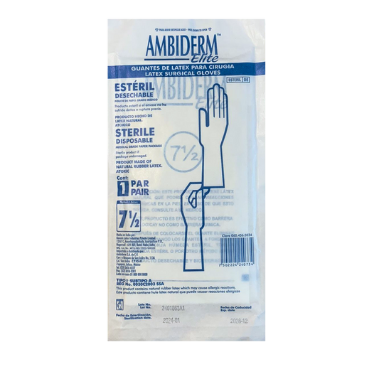 GUANTE DE LATEX PARA CIRUGIA #7.5. AMBIDERM. CONTIENE 50 PARES
