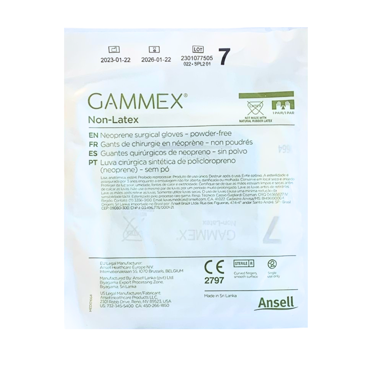 GAMMEX. GUANTE DE NEOPRENO SIN LATEX #7 / CONTIENE 1 PAR