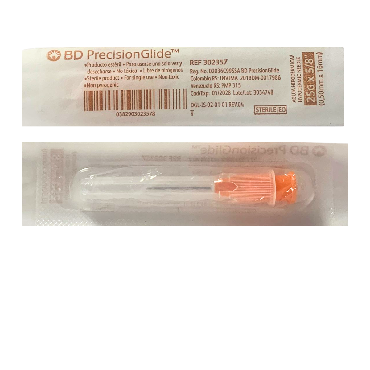 AGUJA HIPODERMICA BD (NARANJA) DE INSULINA 25G X16 / CONTIENE 100 PIEZAS