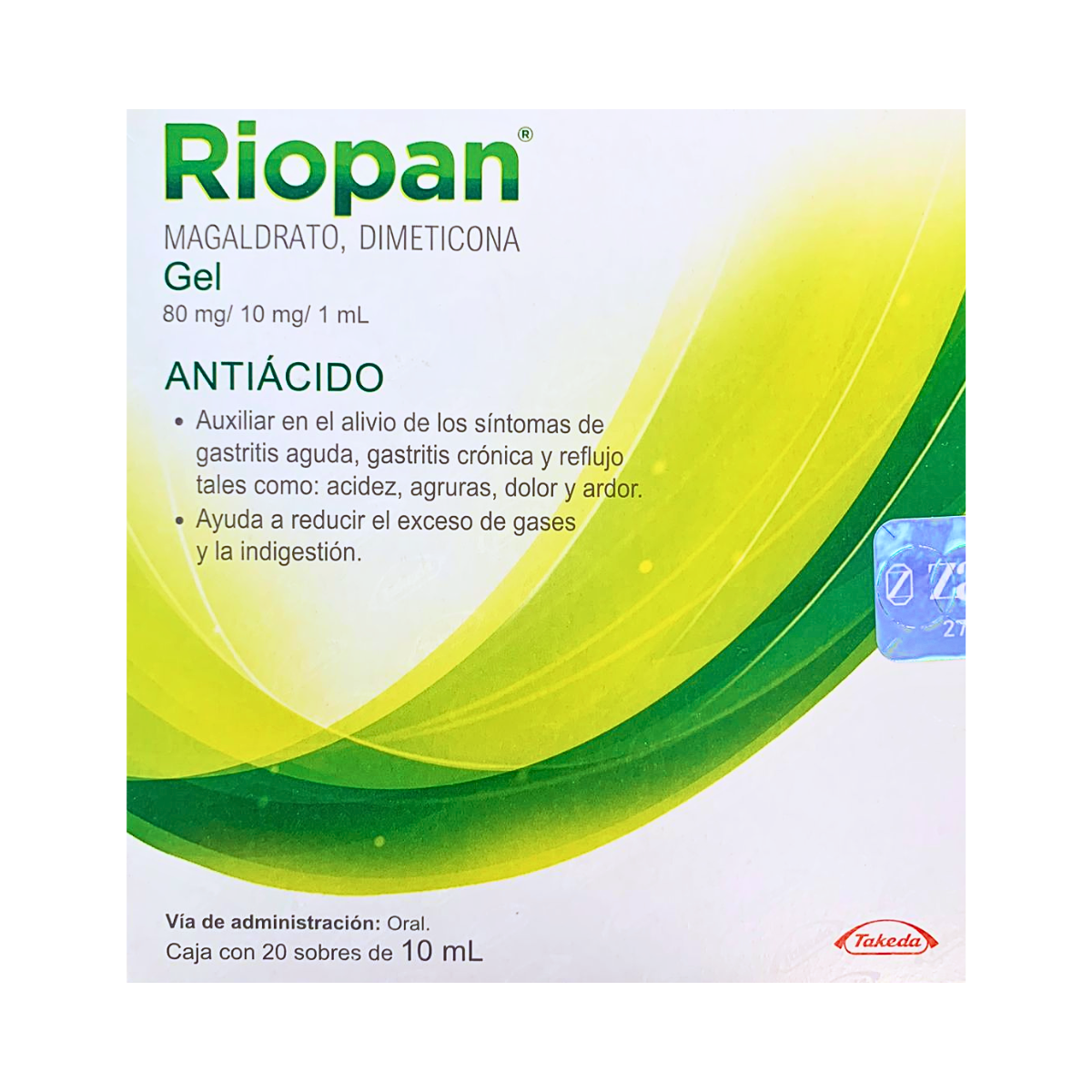 RIOPAN MAGALDRATO, DIMETICONA GEL 80 MG / 10 MG / 1 ML CAJA CON 20 SOBRES DE 10 ML