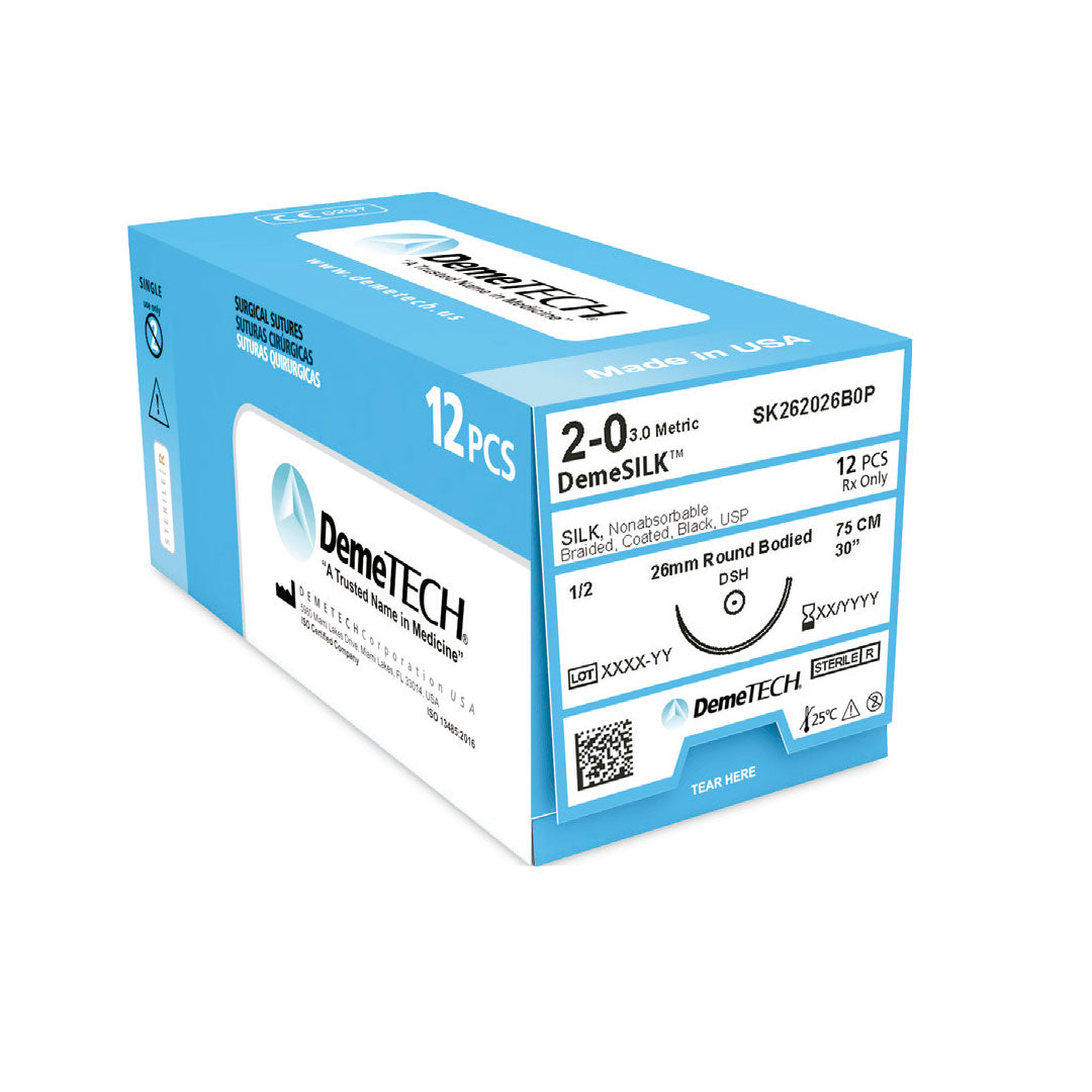 SEDA 2-0 DSH DEMETECH (AGUJA REDONDA 26MM-75CM 1/2). CAJA 12 PIEZAS.