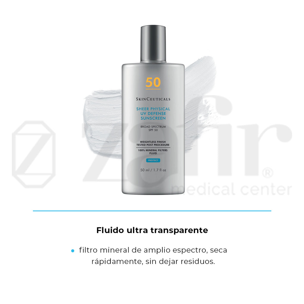 SkinCeuticals Sheer Physical UV Denfense SPF 50 Protector solar mineral para el rostro.