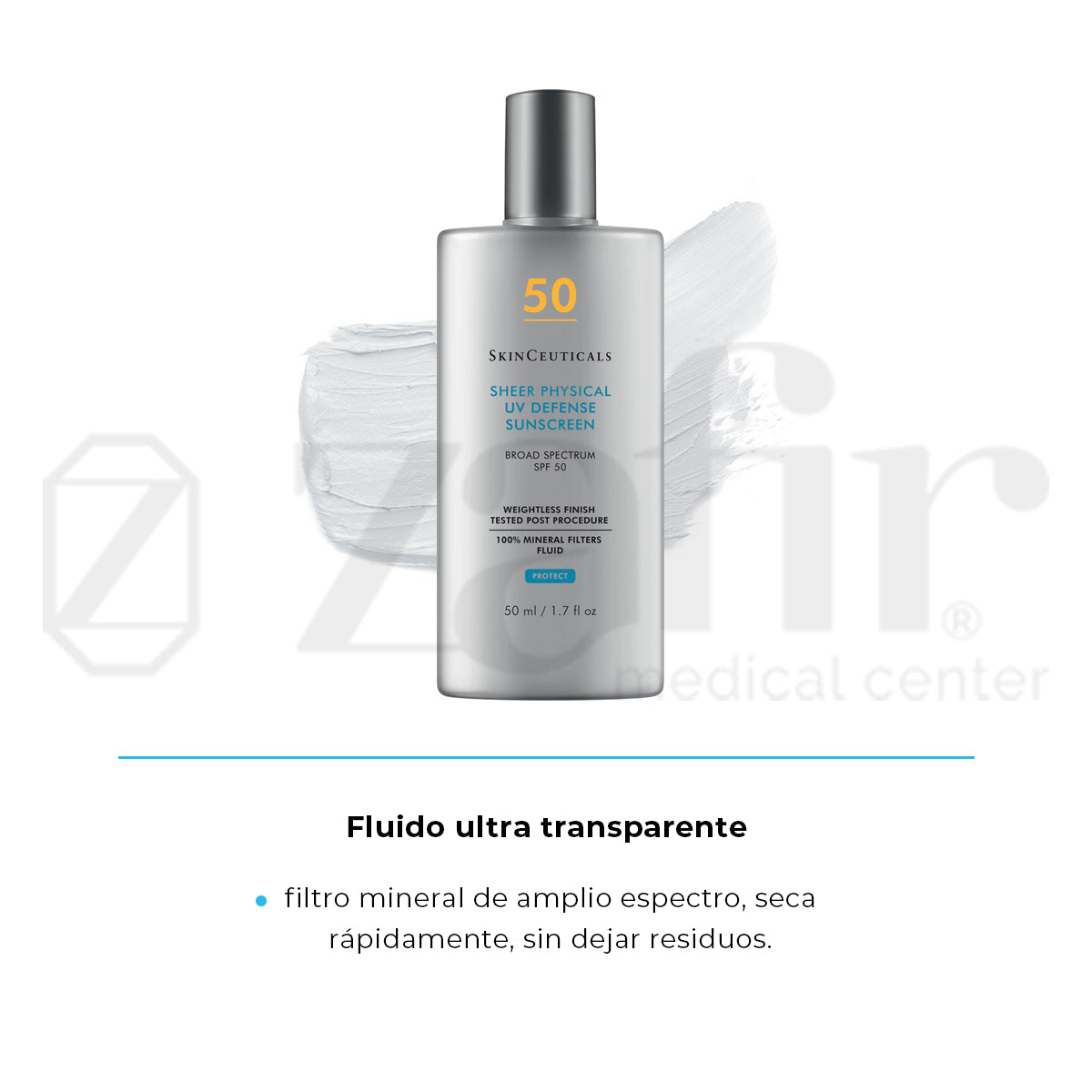 SkinCeuticals Sheer Physical UV Denfense SPF 50 Protector solar mineral para el rostro.