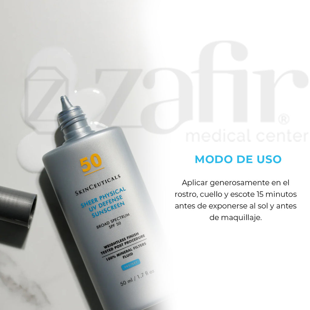 SkinCeuticals Sheer Physical UV Denfense SPF 50 Protector solar mineral para el rostro.