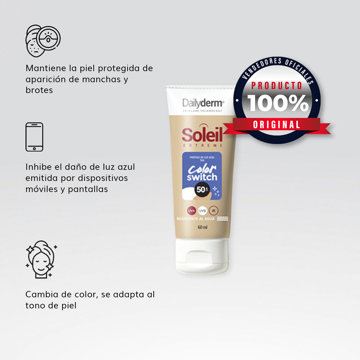 Dailyderm Soleil Extreme Color Switch SPF50 / 60 g Con Ácido Tranexámico.