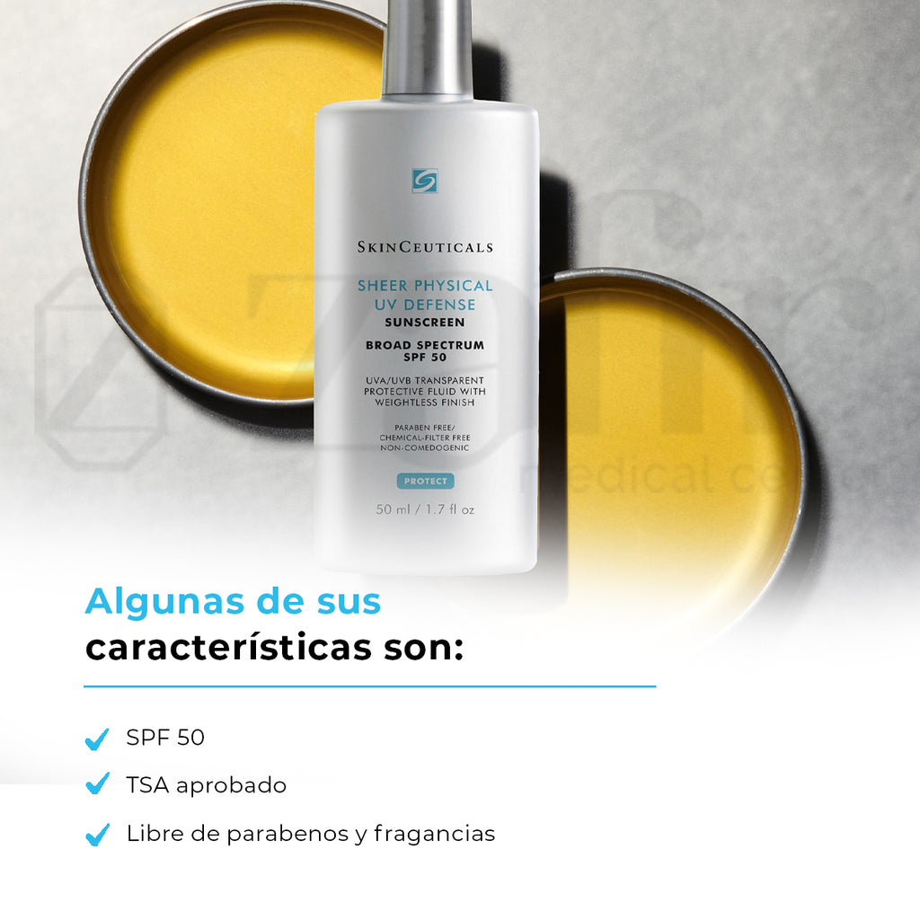 SkinCeuticals Sheer Physical UV Denfense SPF 50 Protector solar mineral para el rostro.
