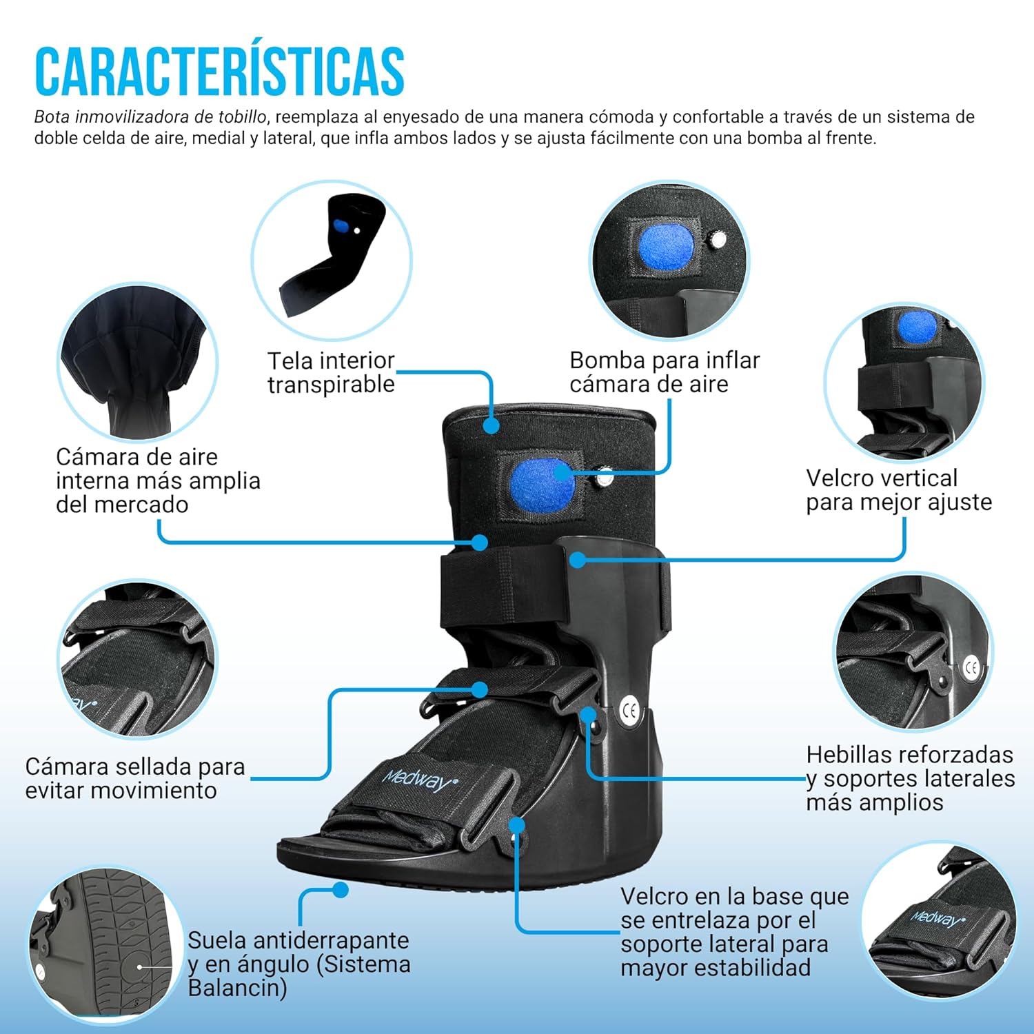 Bota Ortopédica Neumática Con Aire Walker Baja/Corta Color Negro