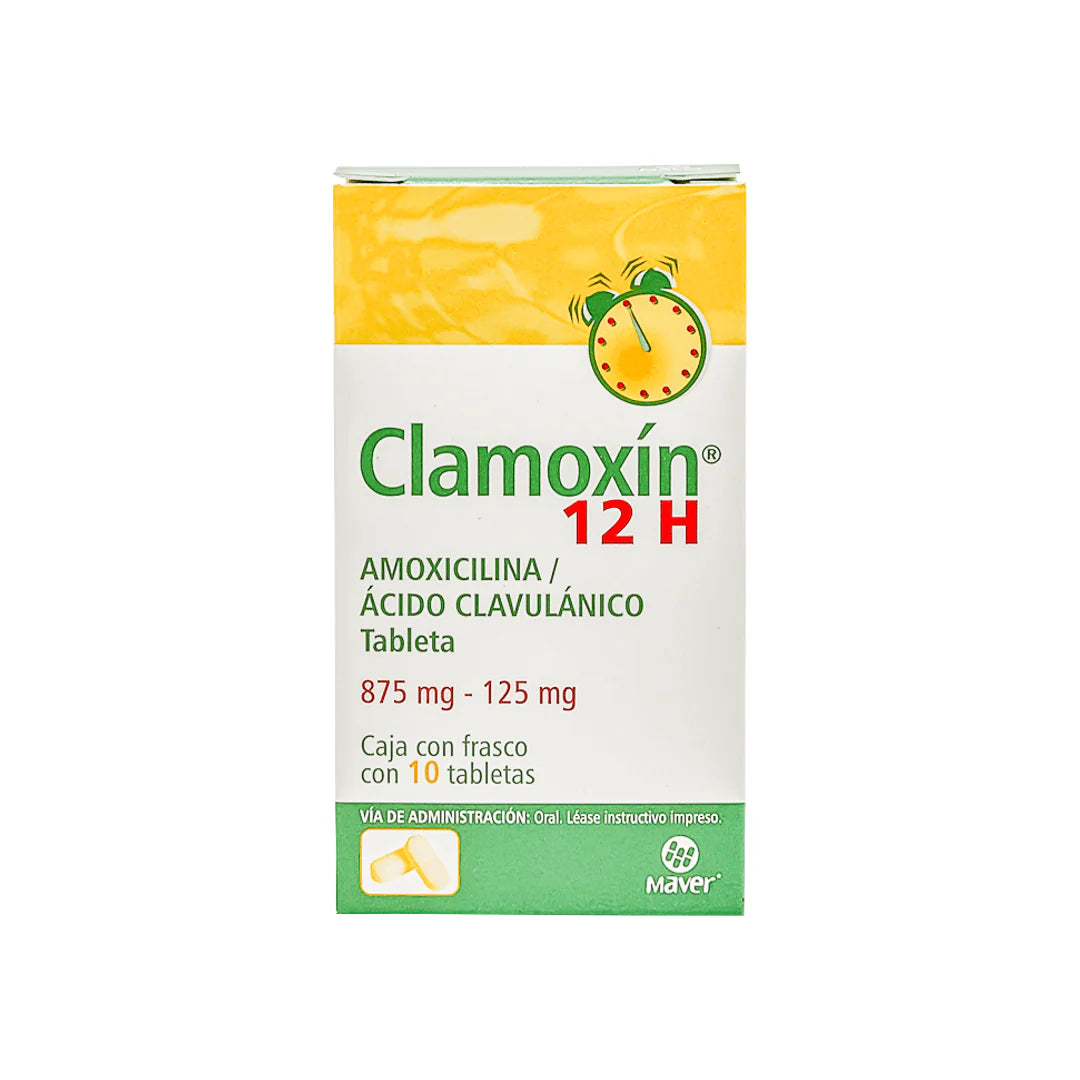 CLAMOXÍN 12 H. AMOXICILINA 875MG / ÁCIDO CLAVULÁNICO 125MG. FRASCO CON 10 TABLETAS