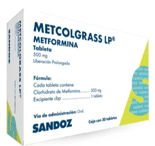 Metcolgrass LP. METFORMINA 500 MG. CAJA CON 30 TABLETAS