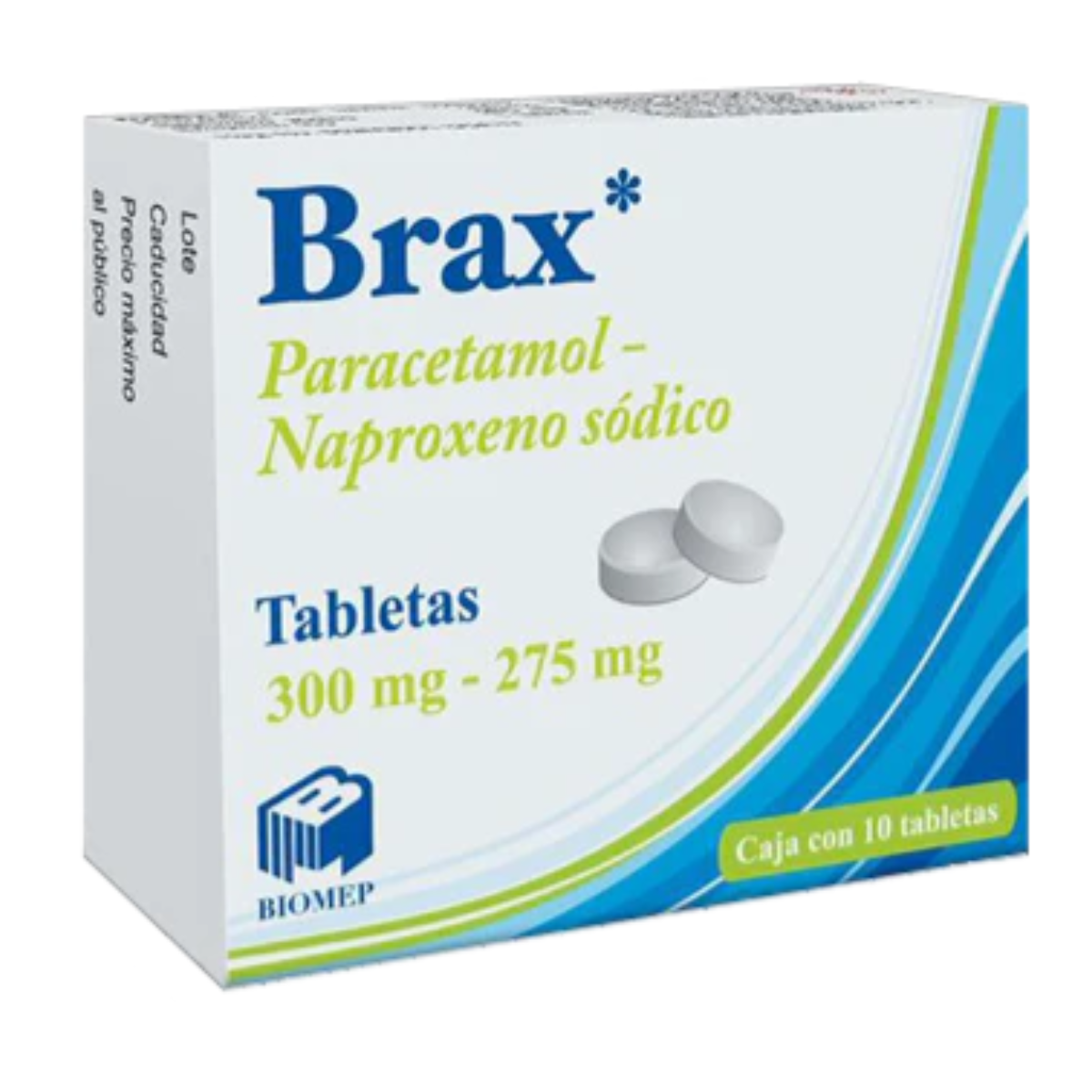 BRAX. PARACETAMOL 300 MG / NAPROXENO SÓDICO 275 MG. CAJA CON 10 TABLETAS