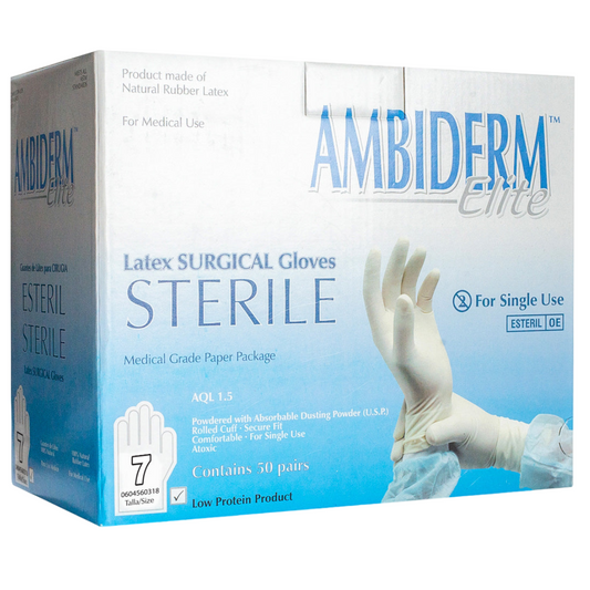 CAJA GUANTE DE LATEX  AMBIDERM PARA CIRUGIA #7 / CONTIENE 50 PARES