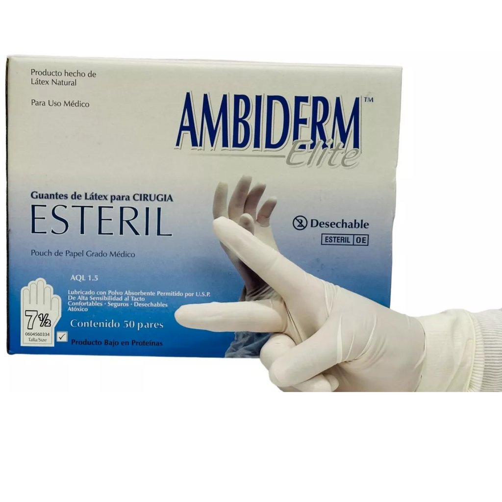 GUANTE DE LATEX PARA CIRUGIA #7.5. AMBIDERM. CONTIENE 50 PARES