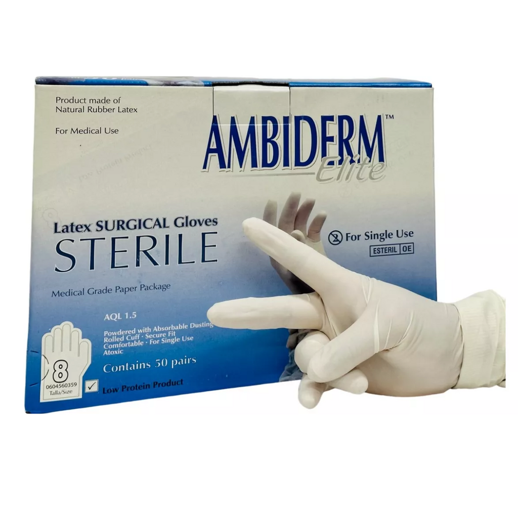 GUANTES CIRUJANO TALLA #8. AMBIDERM. CONTIENE 50 PARES.