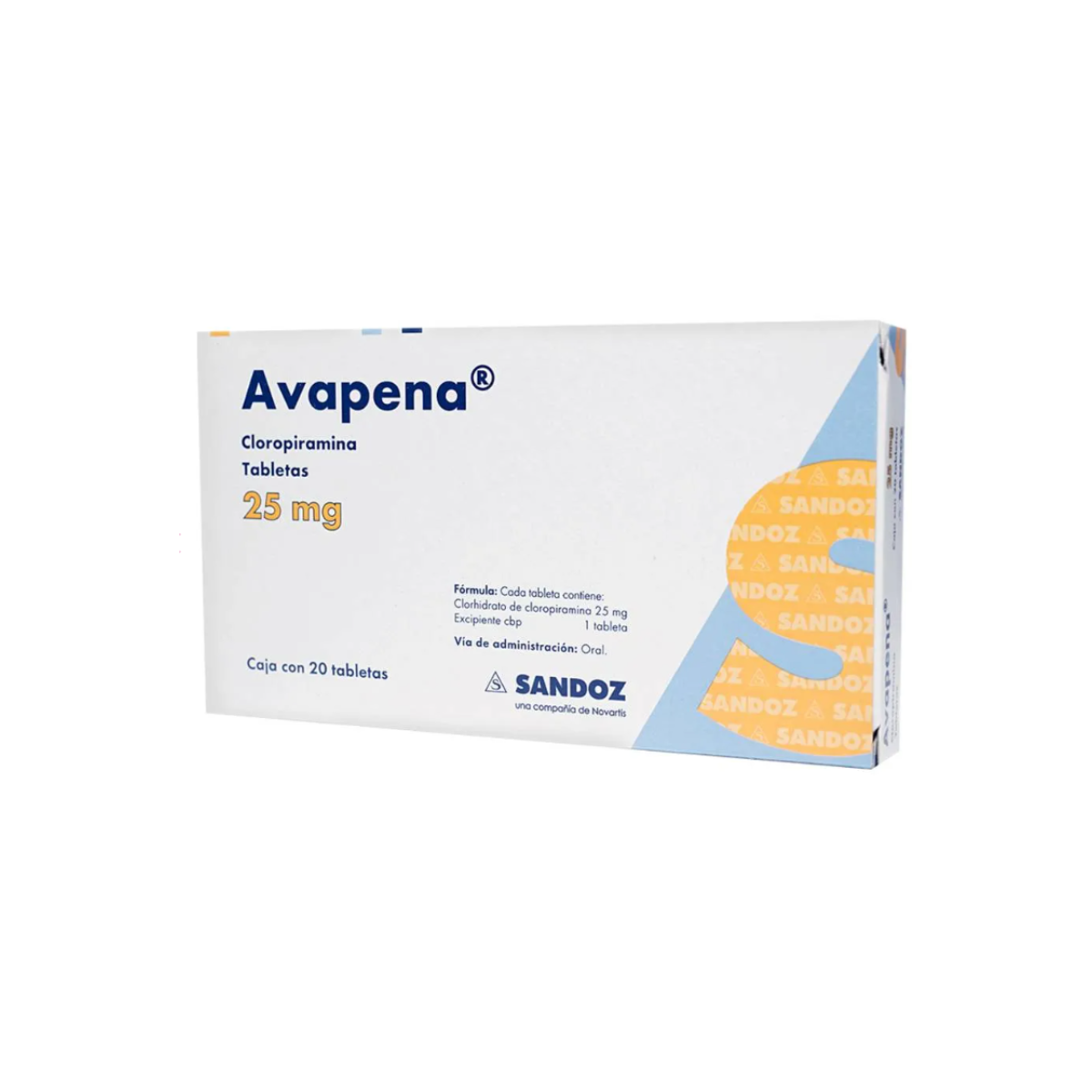 AVAPENA. CLOROPIRAMINA 25 MG. CAJA CON 20 TABLETAS