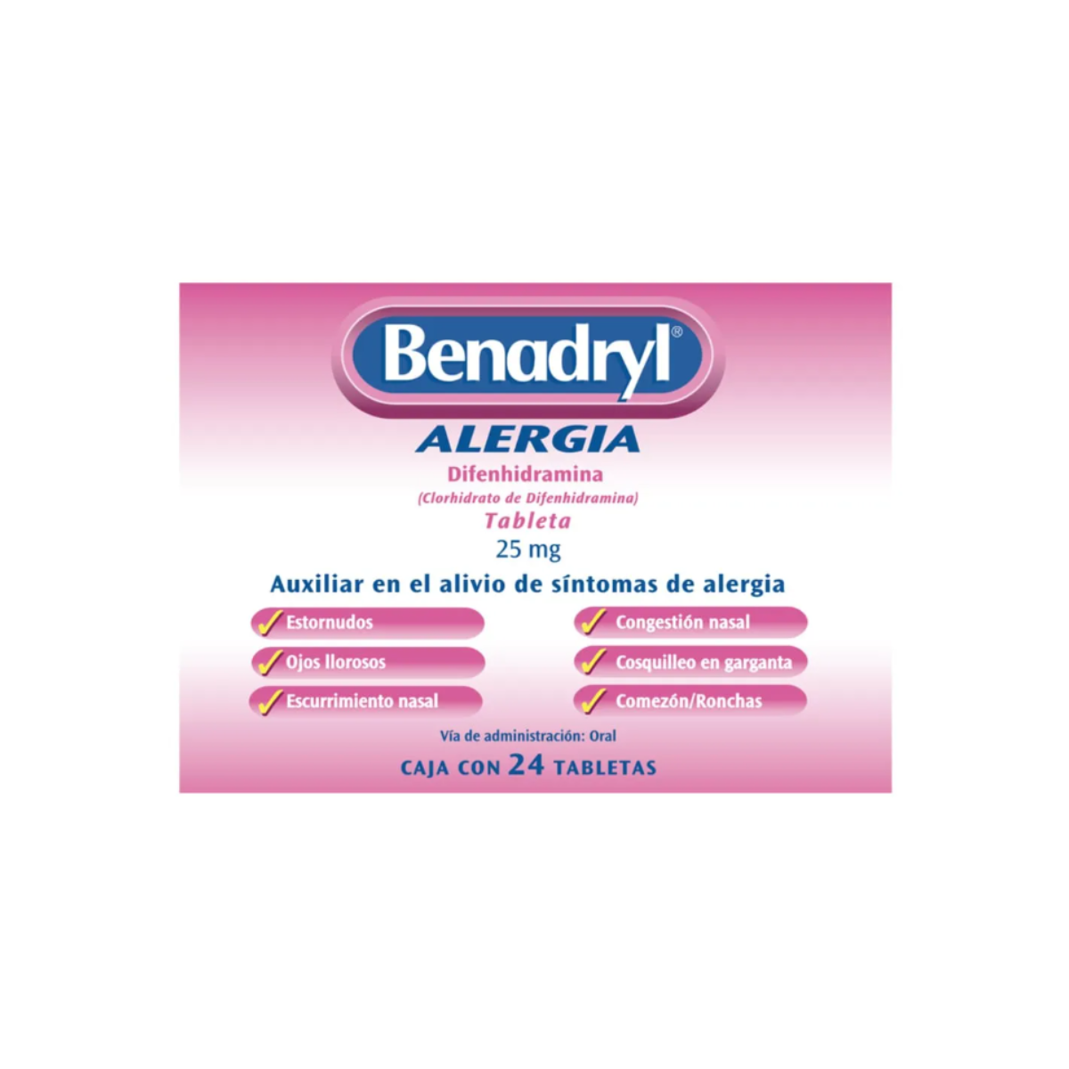 BENADRYL. DIFENHIDRAMINA 25 MG. CAJA CON 24 TABLETAS