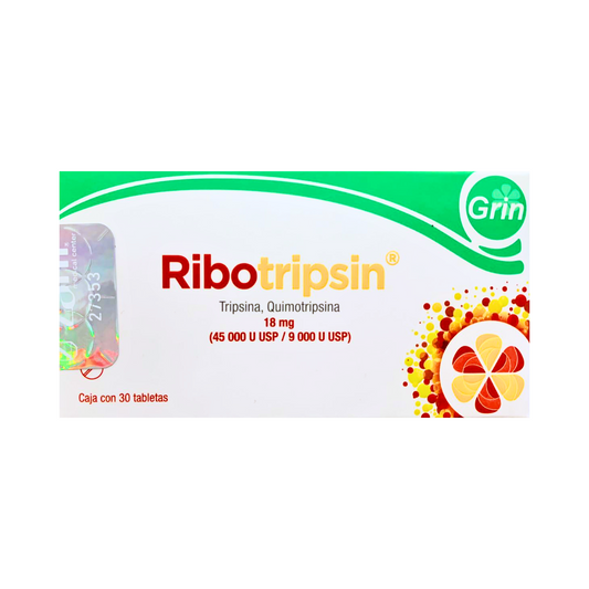 RIBOTRIPSIN TRIPSINA, QUIMOTRIPSINA  18 MG (45 000 U USP / 9 000 U USP) 30 TABLETAS