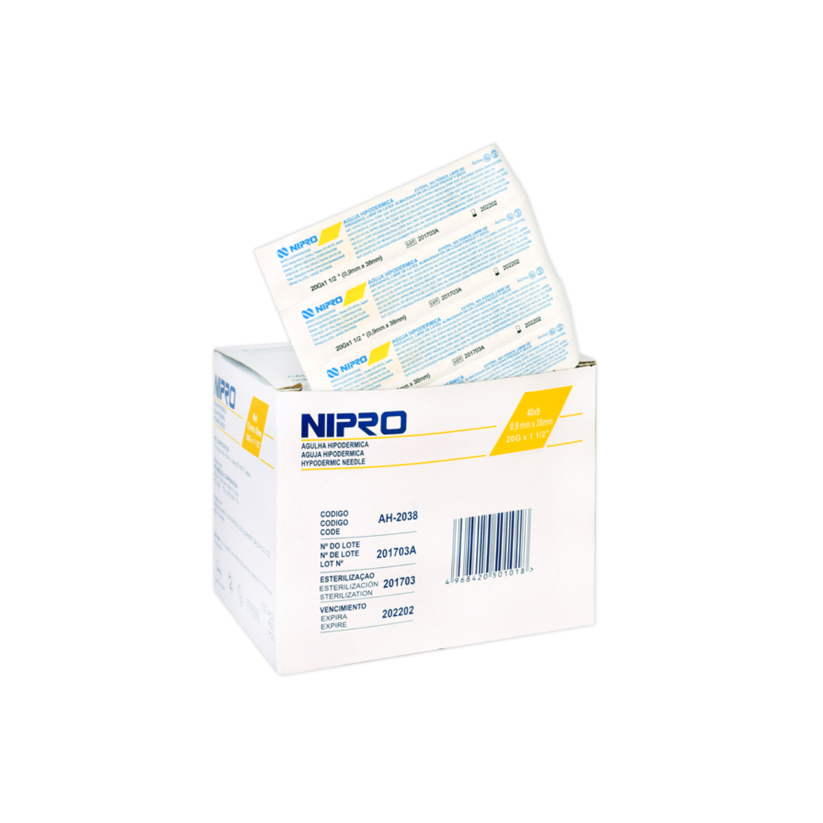 AGUJA HIPODERMICA AMARILLA 20GX32. CAJA CON 100 PIEZAS. (NIPRO)