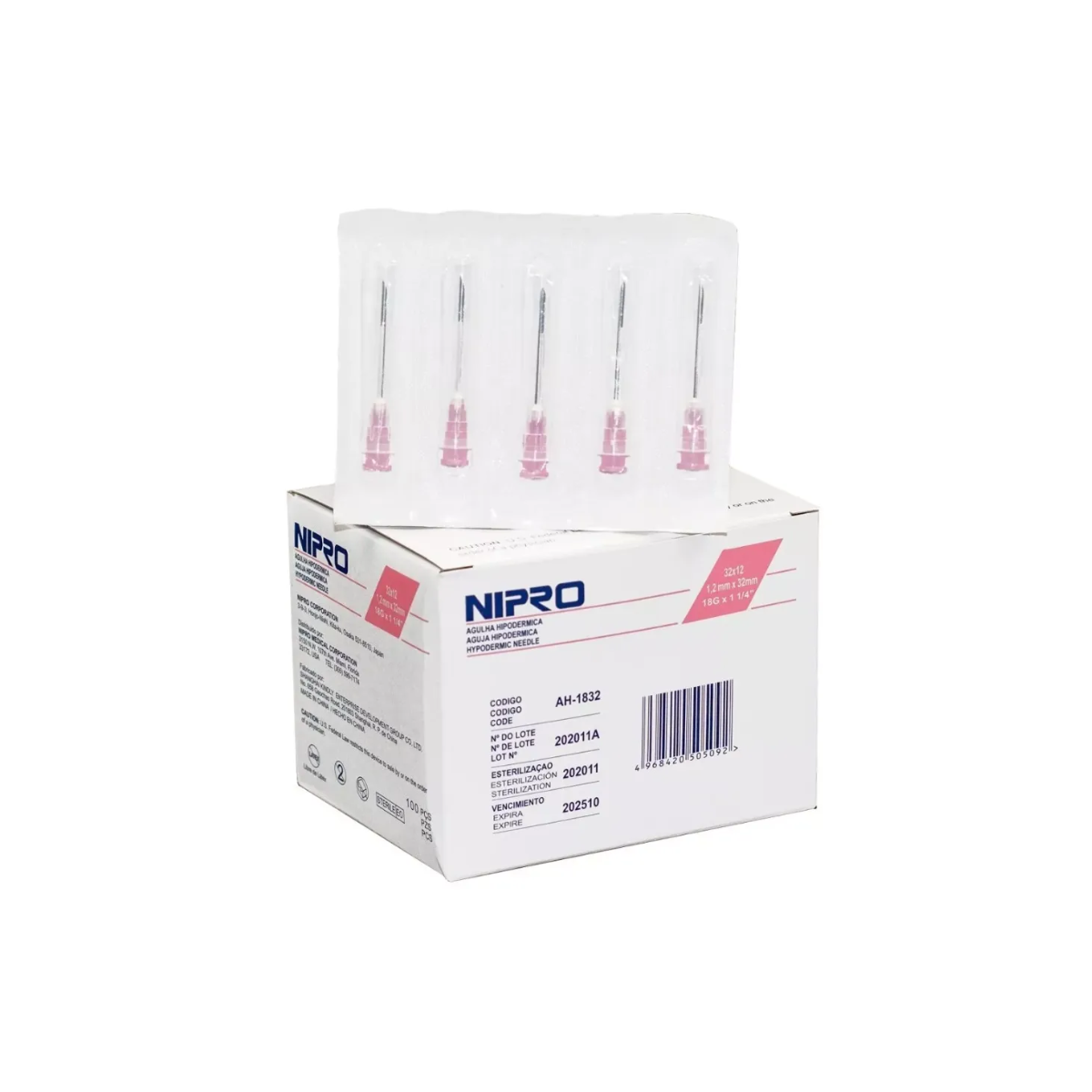 AGUJA HIPODERMICA COLOR ROSA 18GX40. CAJA CON 100 PIEZAS. (NIPRO)