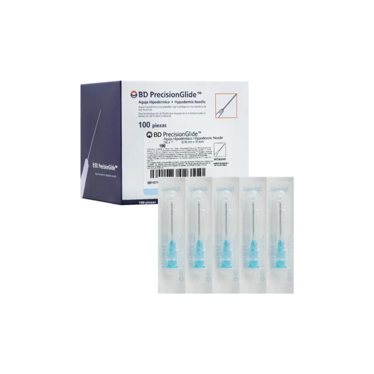 AGUJA HIPODERMICA COLOR AZUL 23GX25. CAJA CON 100 PIEZAS. (BD)