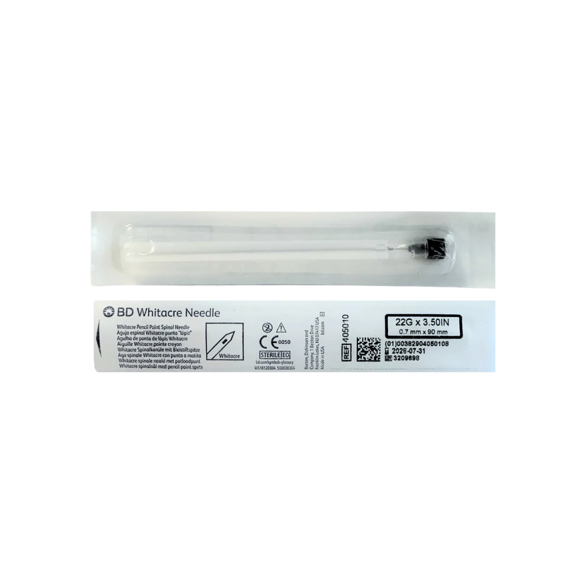 AGUJA WHITACRE NEEDLE PARA ANESTESIA 22GX3.50 IN. CAJA CON 10 PIEZAS. (BD)