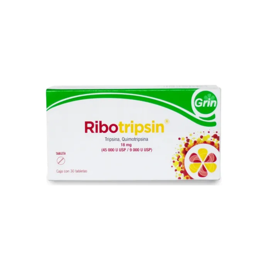 RIBOTRIPSIN. TRIPSINA, QUIMOTRIPSINA 18 MG. (45 000 U USP / 9 000 U USP). CAJA CON 30 TABLETAS 