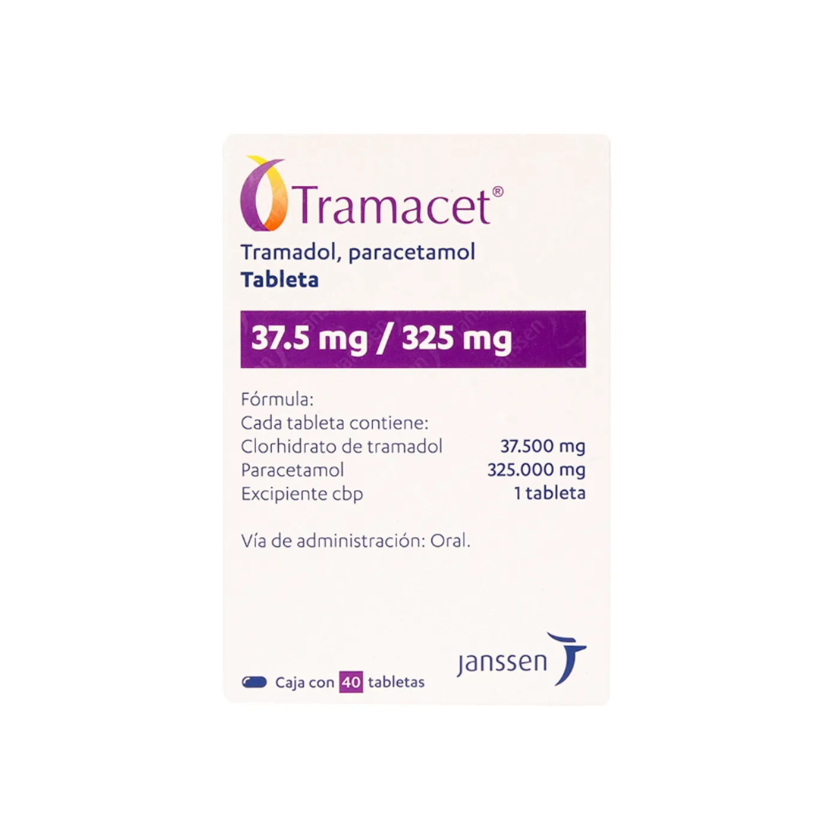 TRAMACET. TRAMADOL 37.5 MG/PARACETAMOL 325 MG. CAJA CON 40 TABLETAS