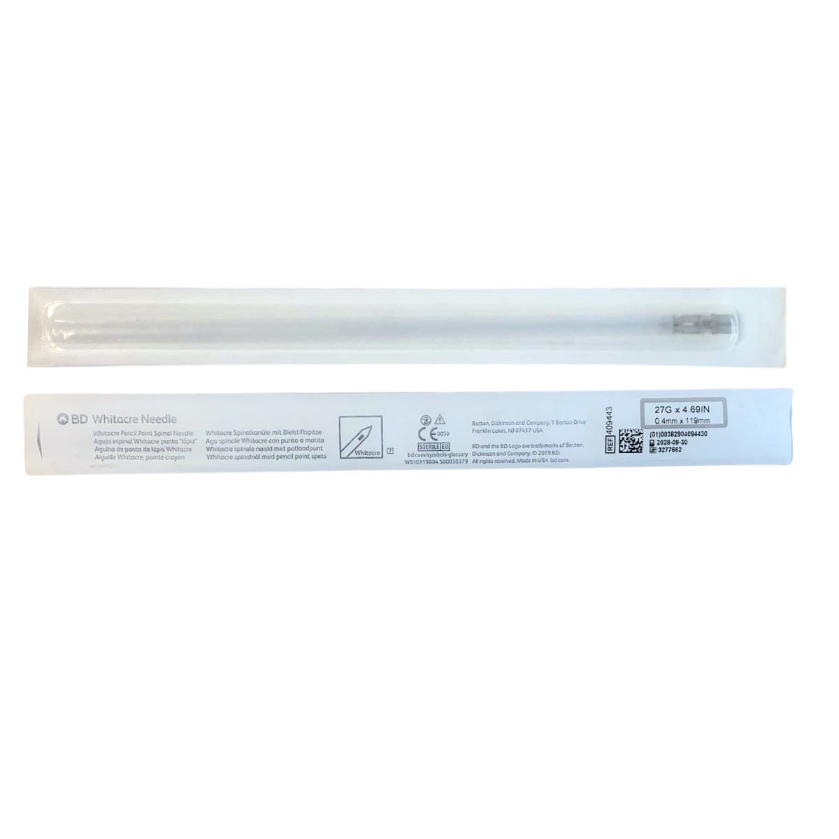 CAJA AGUJA (BD) WHITACRE NEEDLE PARA ANESTESIA 27 G X 4 ESPINAL LARGA 10 PIEZAS
