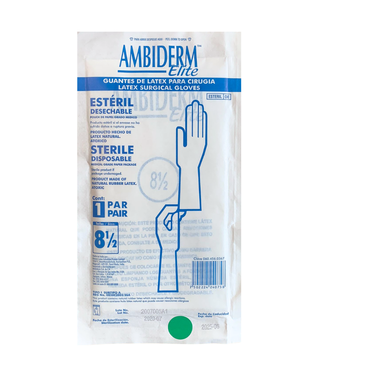 GUANTE DE LATEX PARA CIRUGIA #8.5. AMBIDERM. CONTIENE 50 PARES