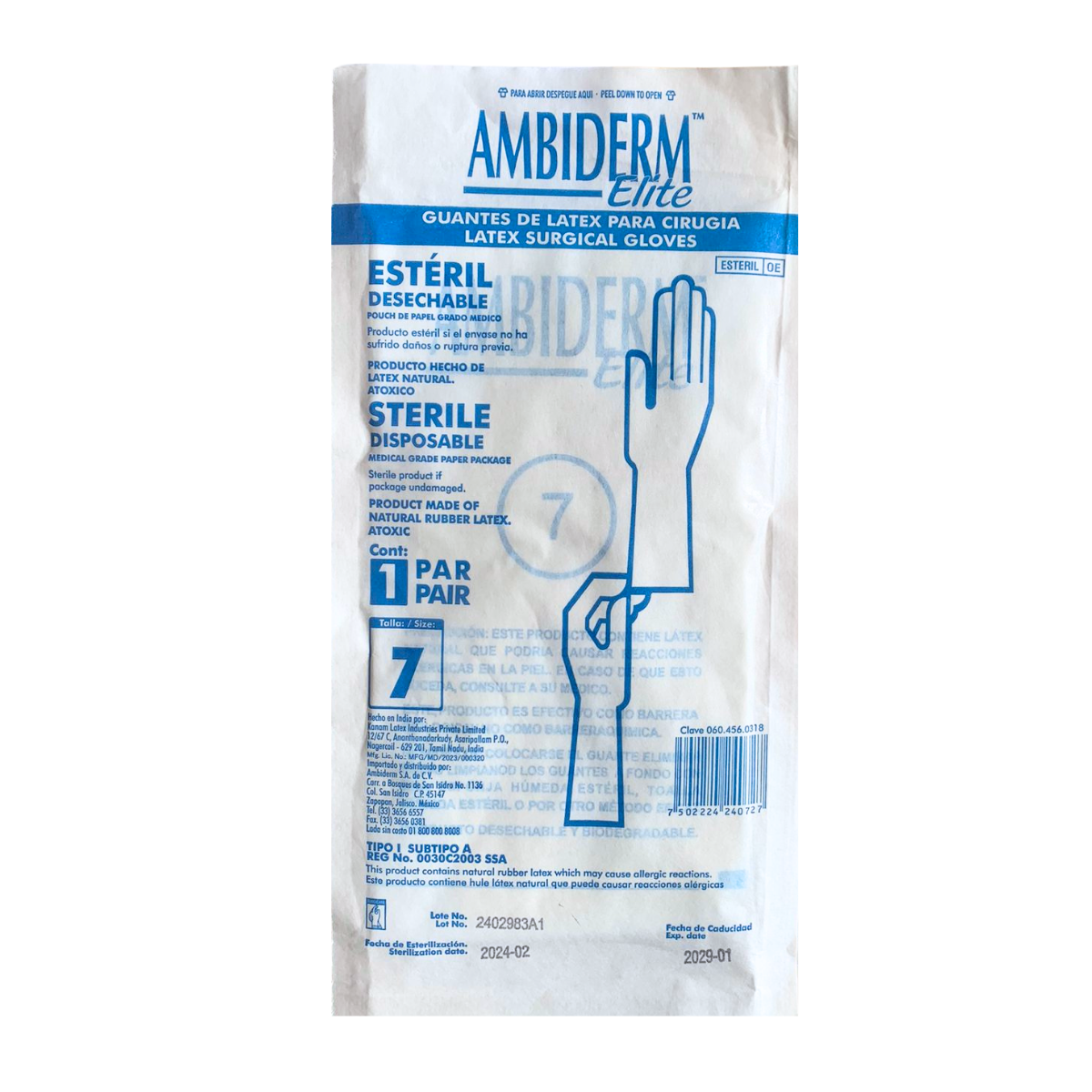 GUANTE DE LATEX PARA CIRUGIA #7. AMBIDERM. CONTIENE 50 PARES