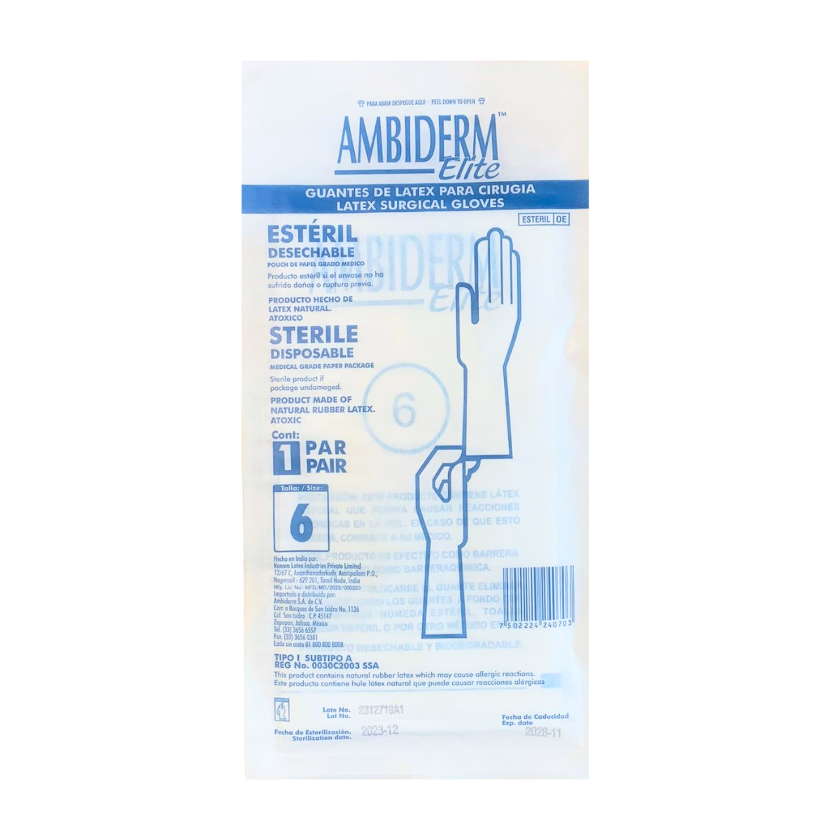 GUANTE DE LATEX PARA CIRUGIA #6. AMBIDERM. CONTIENE 50 PARES