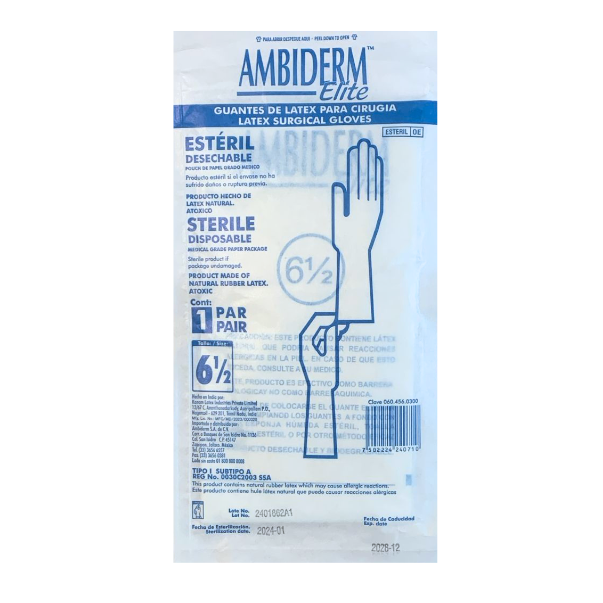 GUANTE DE LATEX PARA CIRUGIA #6.5. AMBIDERM. CONTIENE 50 PARES