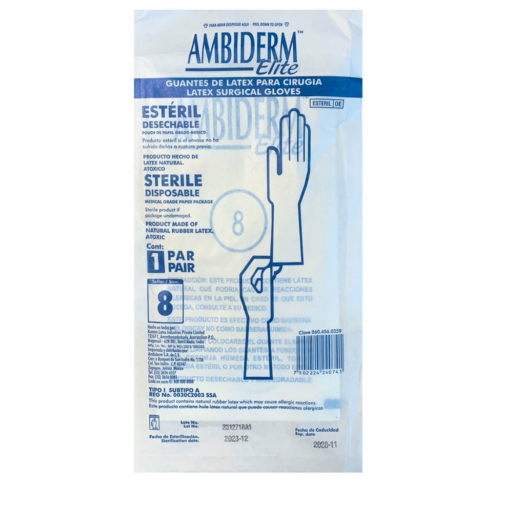 GUANTES CIRUJANO TALLA #8. AMBIDERM. CONTIENE 50 PARES.