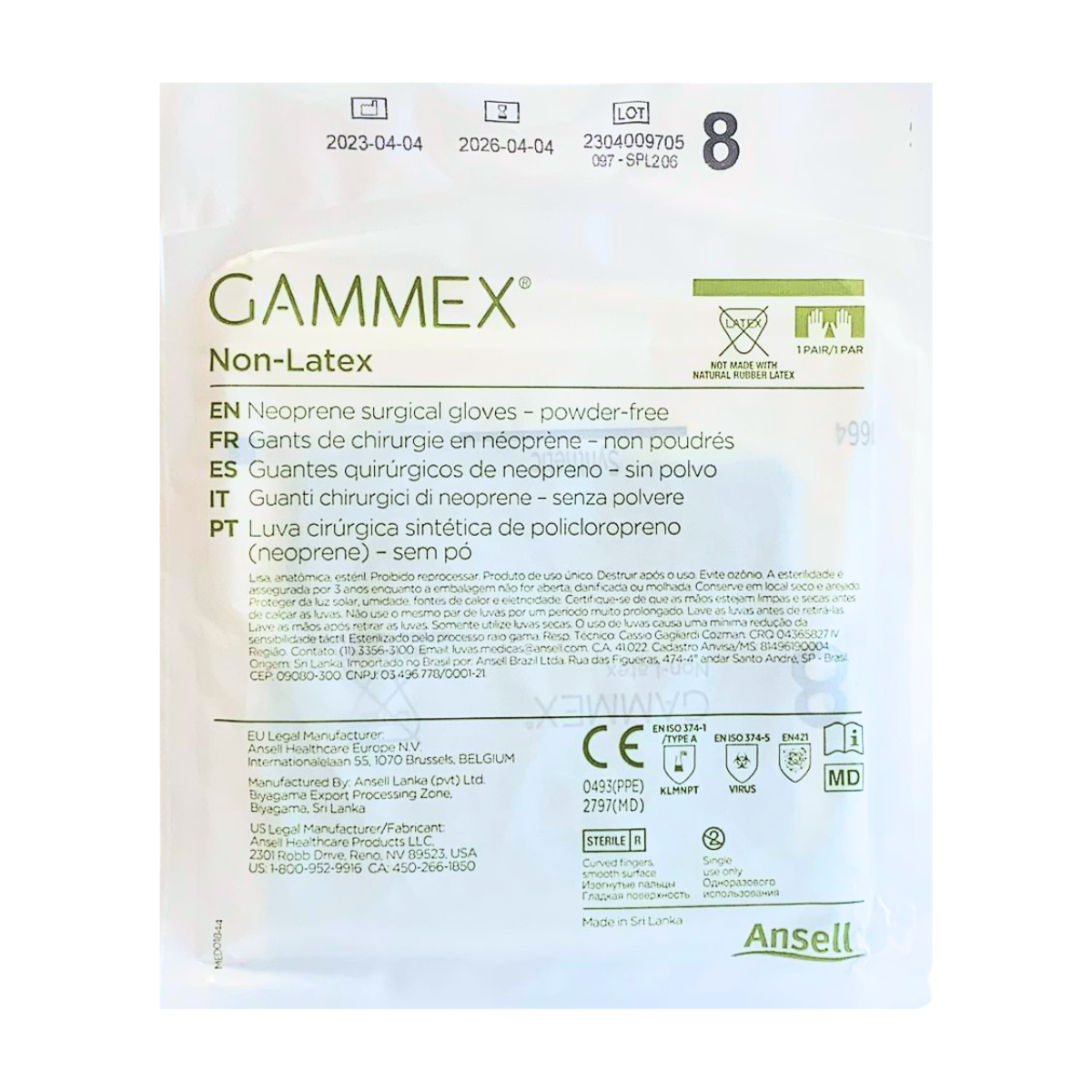 GUANTE GAMMEX DE NEOPRENO SIN LATEX #8 / CONTIENE 5 PIEZAS