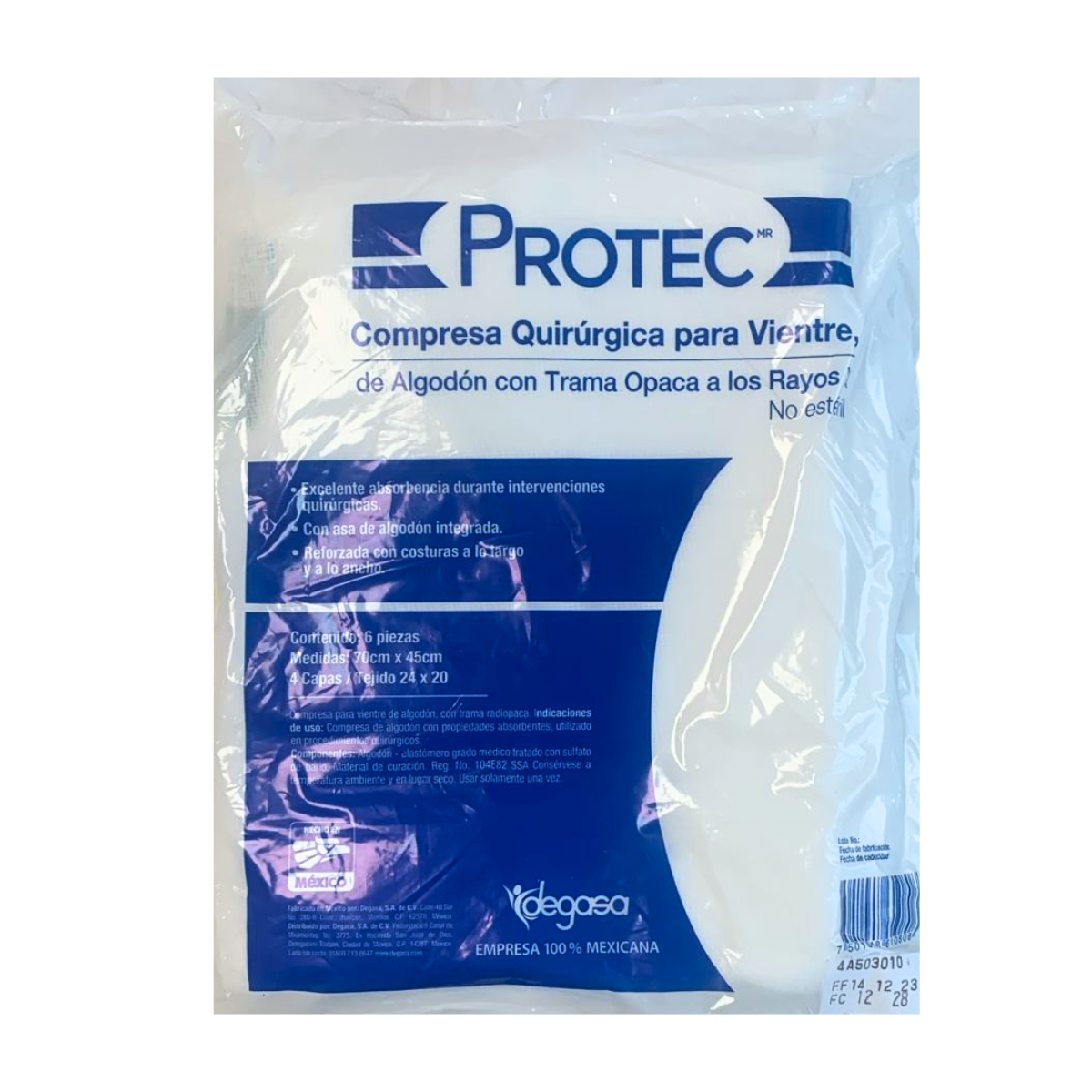 COMPRESA QUIRÚRGICA PARA VIENTRE. NO ESTERIL 70 X 45 CM. PAQUETE CON 6 PIEZAS. PROTEC